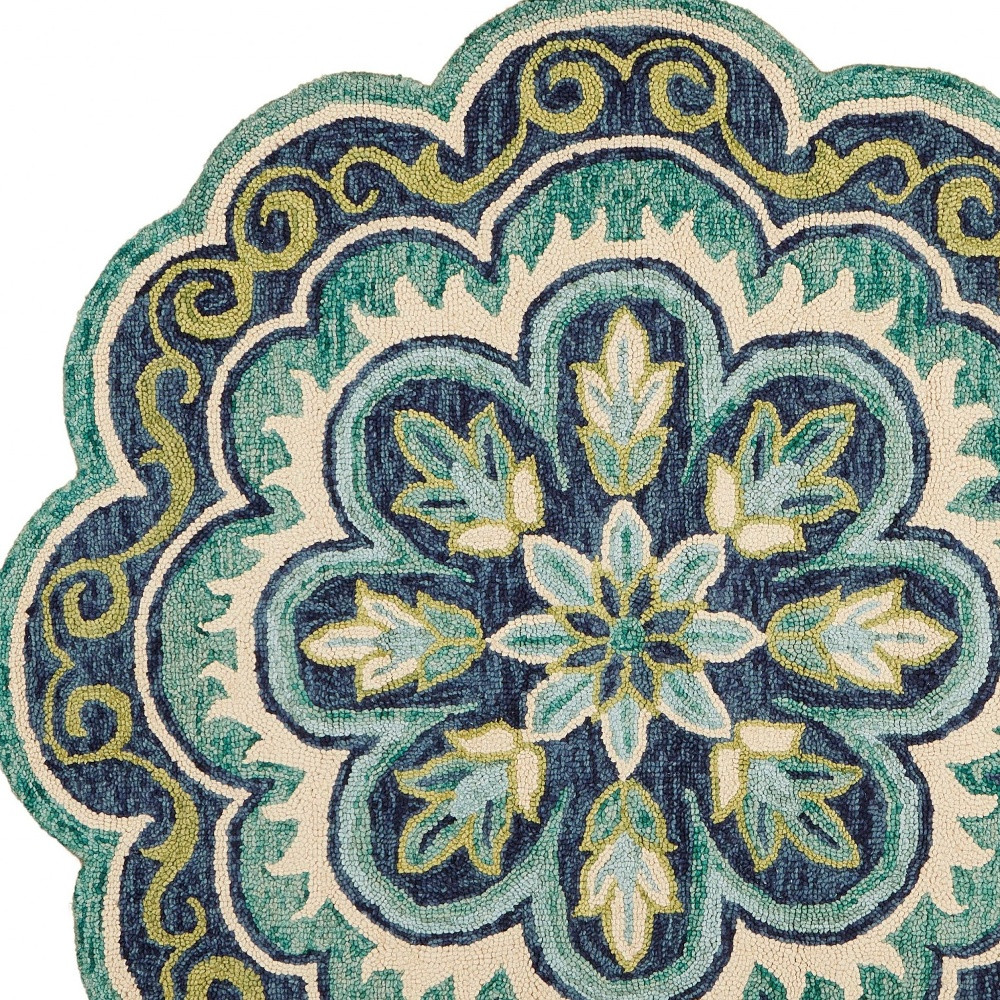 6" Green Round Wool Geometric Hand Tufted Area Rug