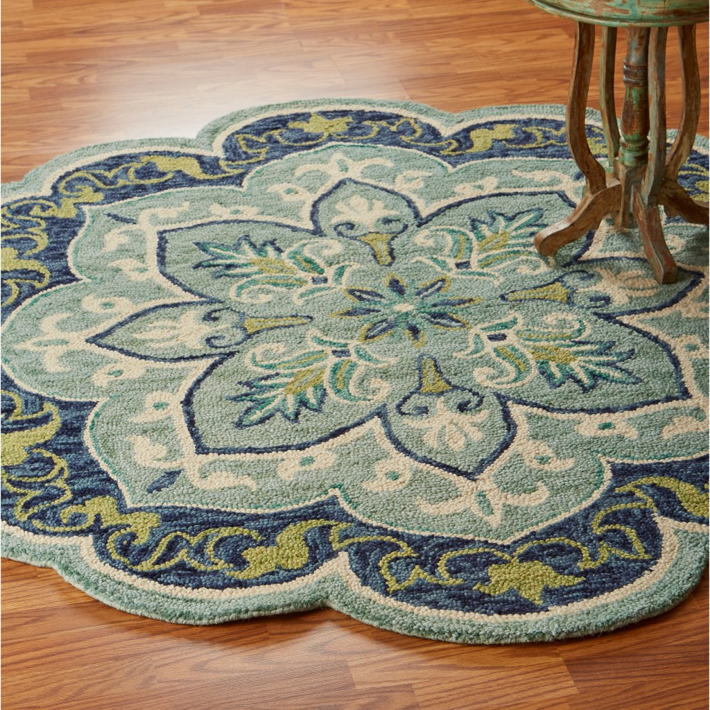 4" Round Blue Ornate Medallion Area Rug