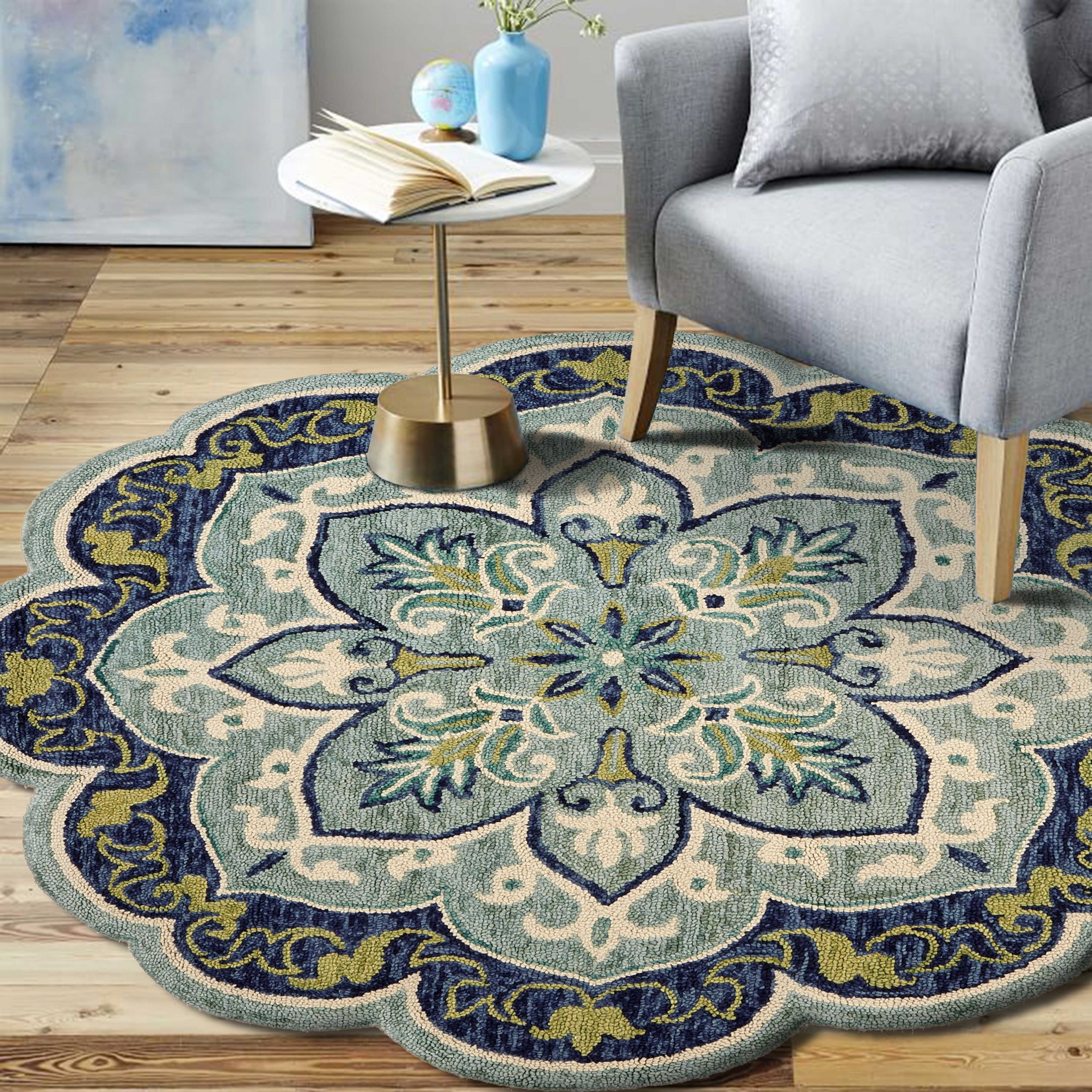 4" Round Blue Ornate Medallion Area Rug