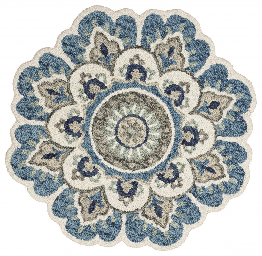4’ Round Blue Modern Floral Area Rug-393675-1