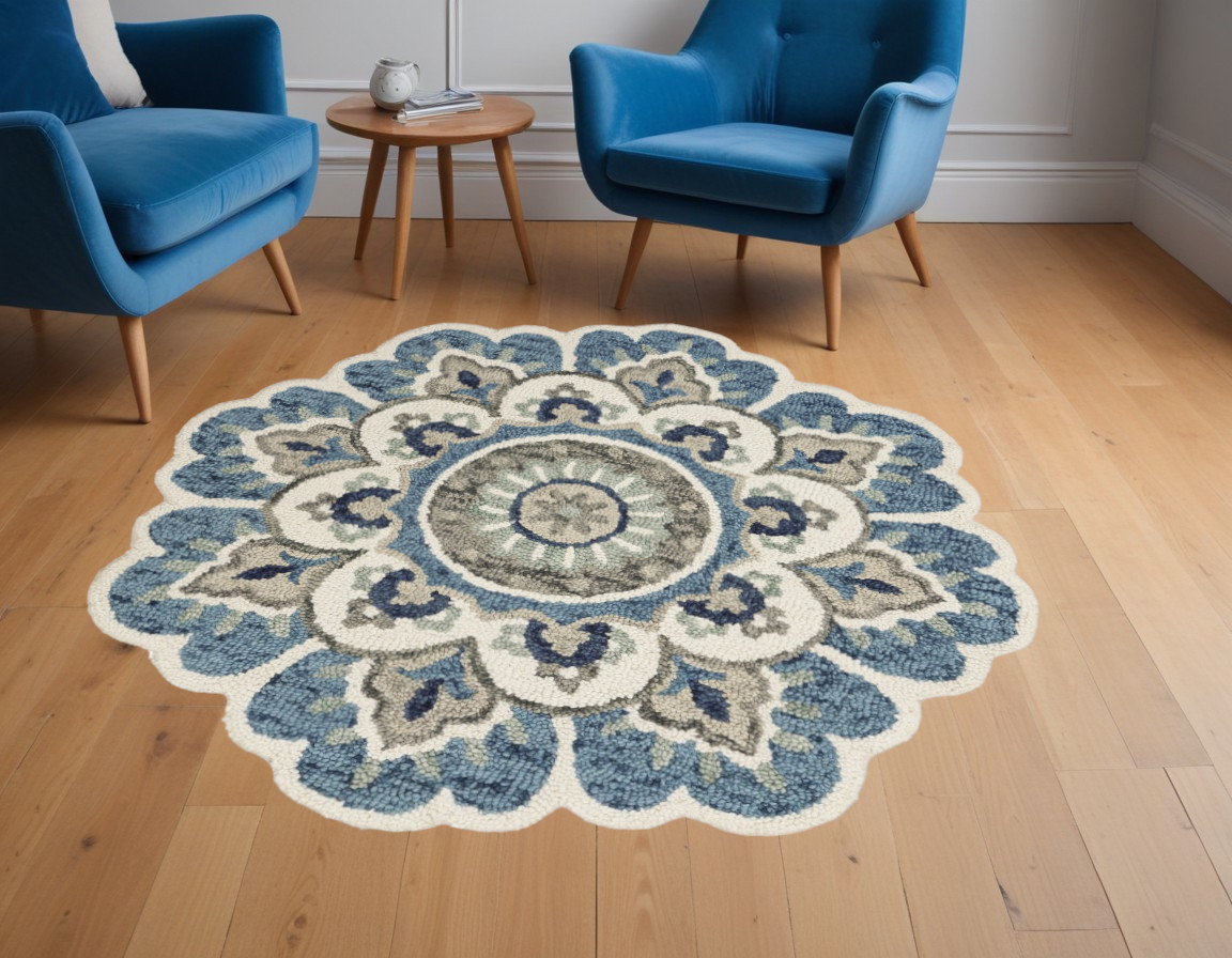 6' Ivory Teal Blue and Green Wool Hand Tufted Round Rug-393676-1