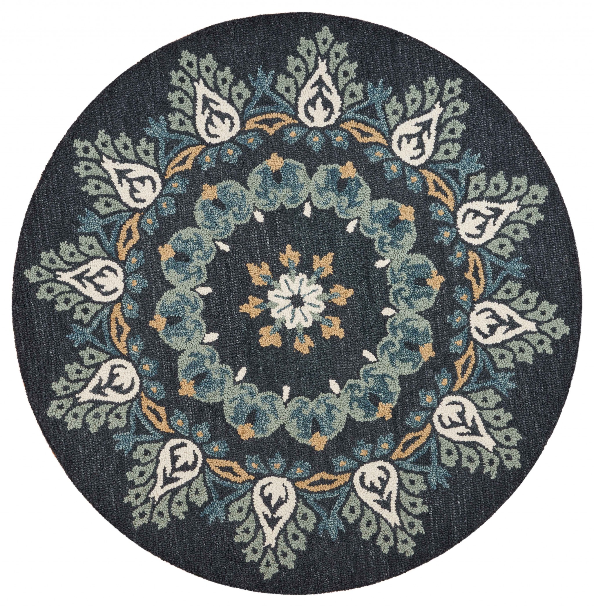 4" Round Black Floral Paradise Area Rug