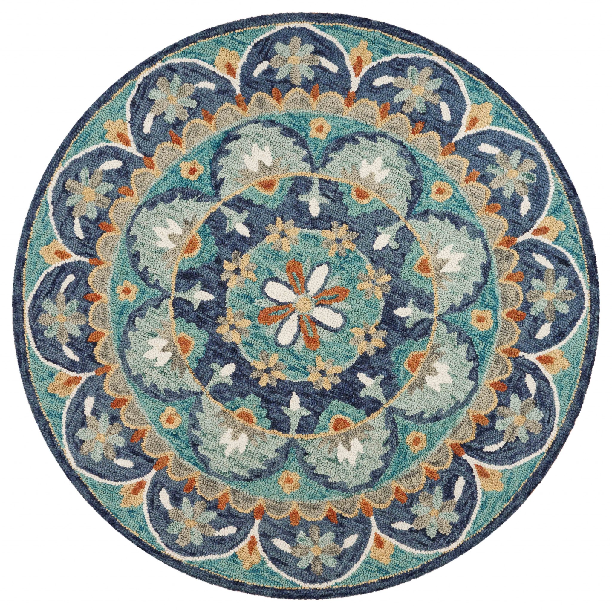 6" Blue And Green Round Wool Floral Hand Tufted Area Rug