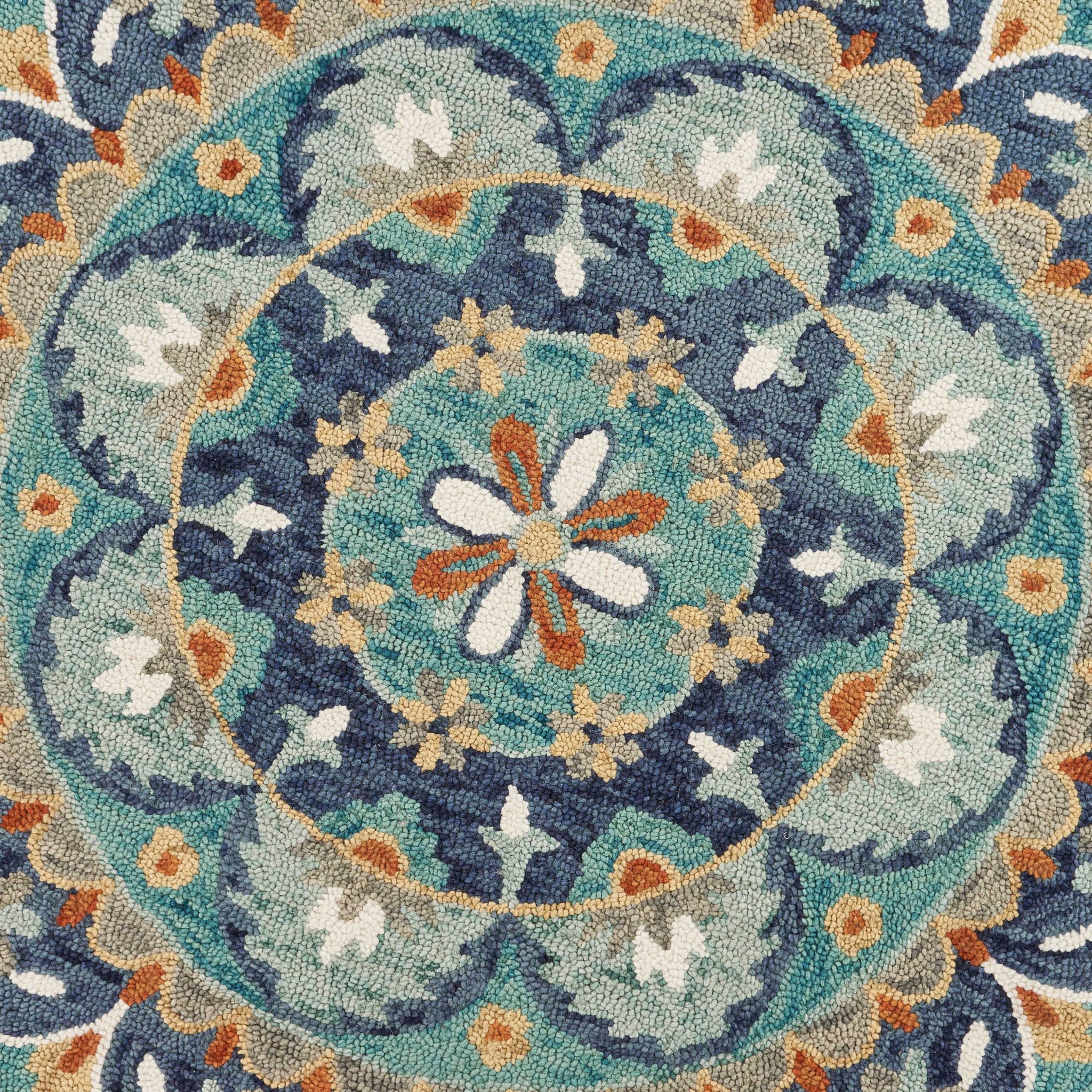 6" Blue And Green Round Wool Floral Hand Tufted Area Rug