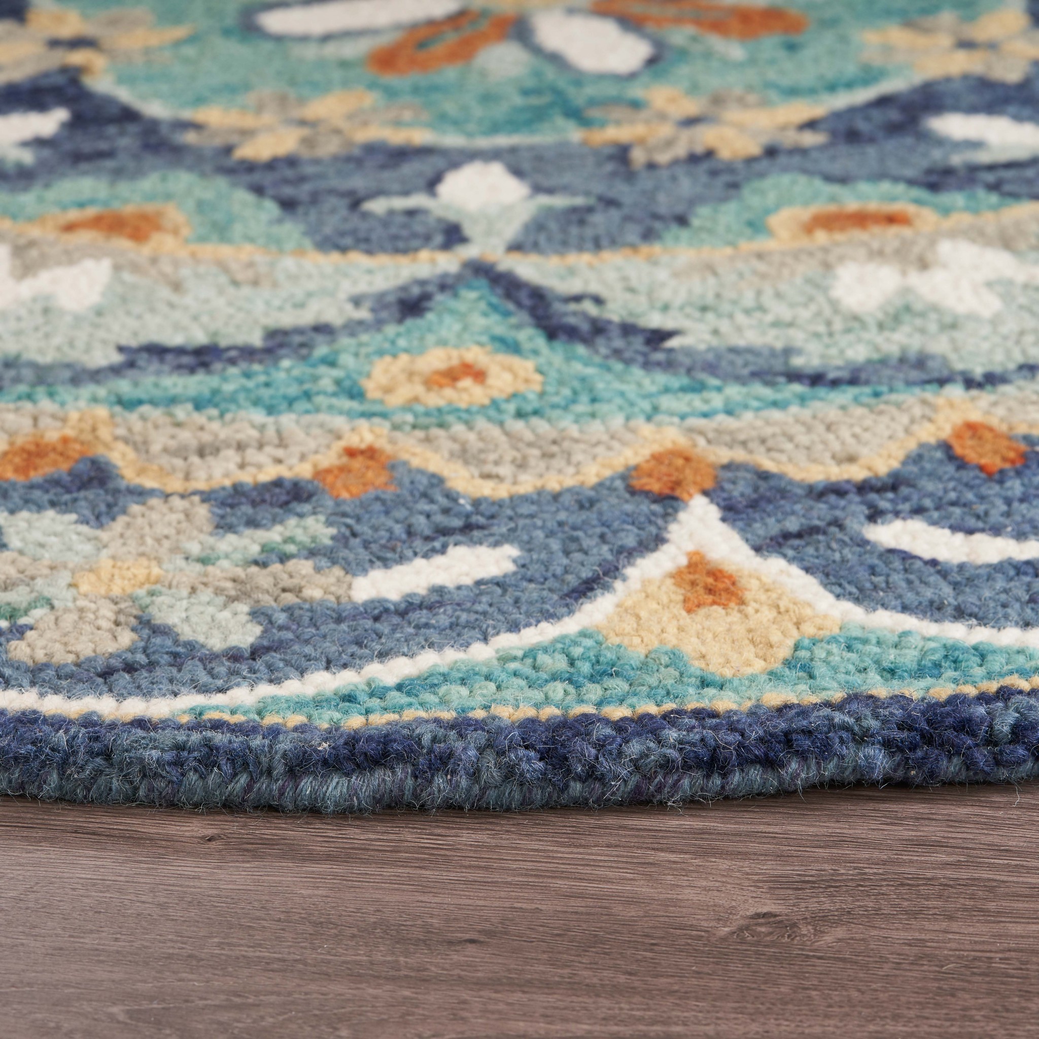 6" Blue And Green Round Wool Floral Hand Tufted Area Rug
