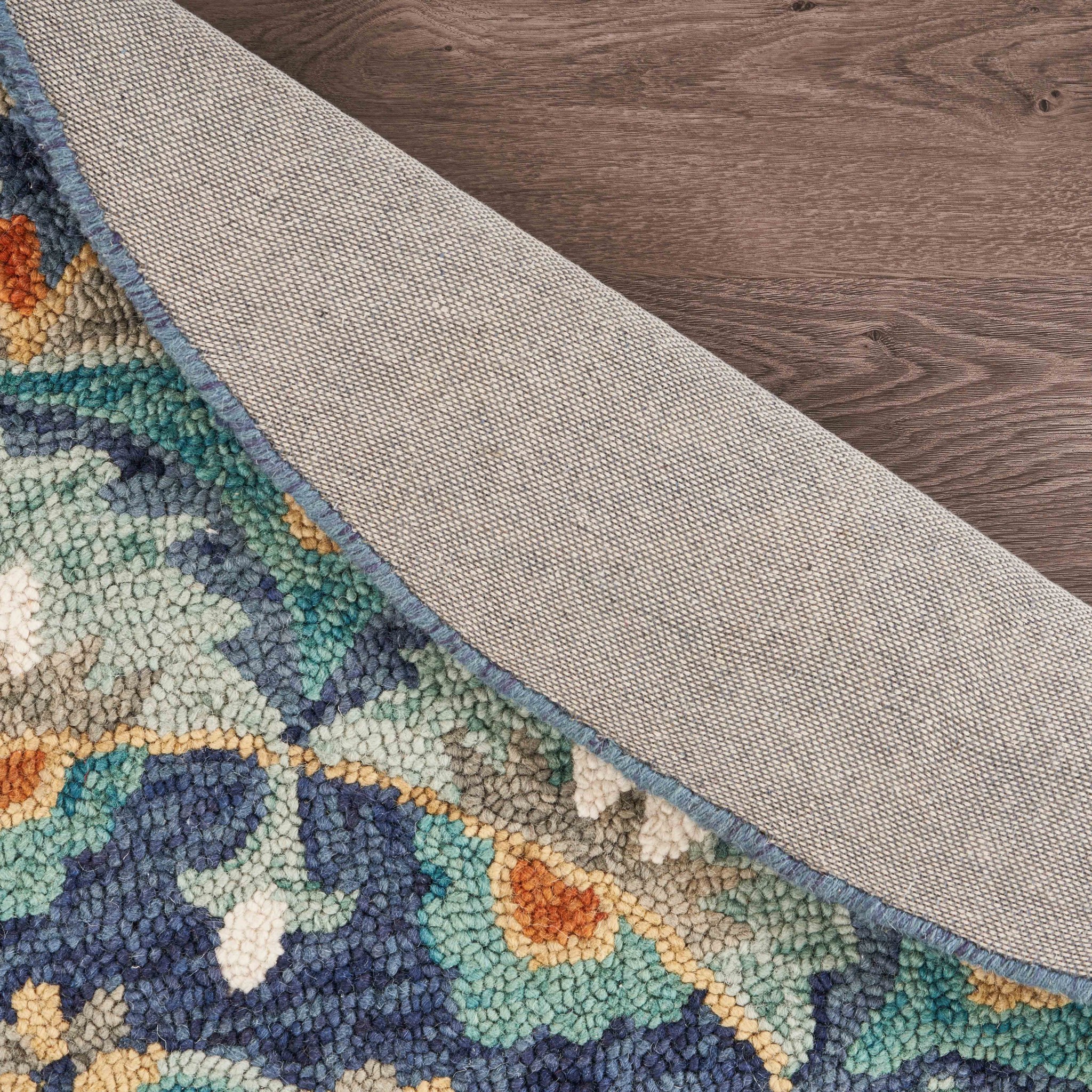 6" Blue And Green Round Wool Floral Hand Tufted Area Rug