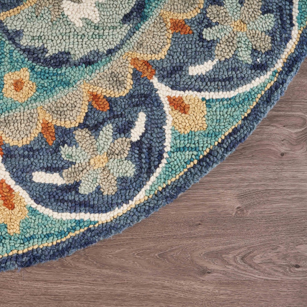 6" Blue And Green Round Wool Floral Hand Tufted Area Rug