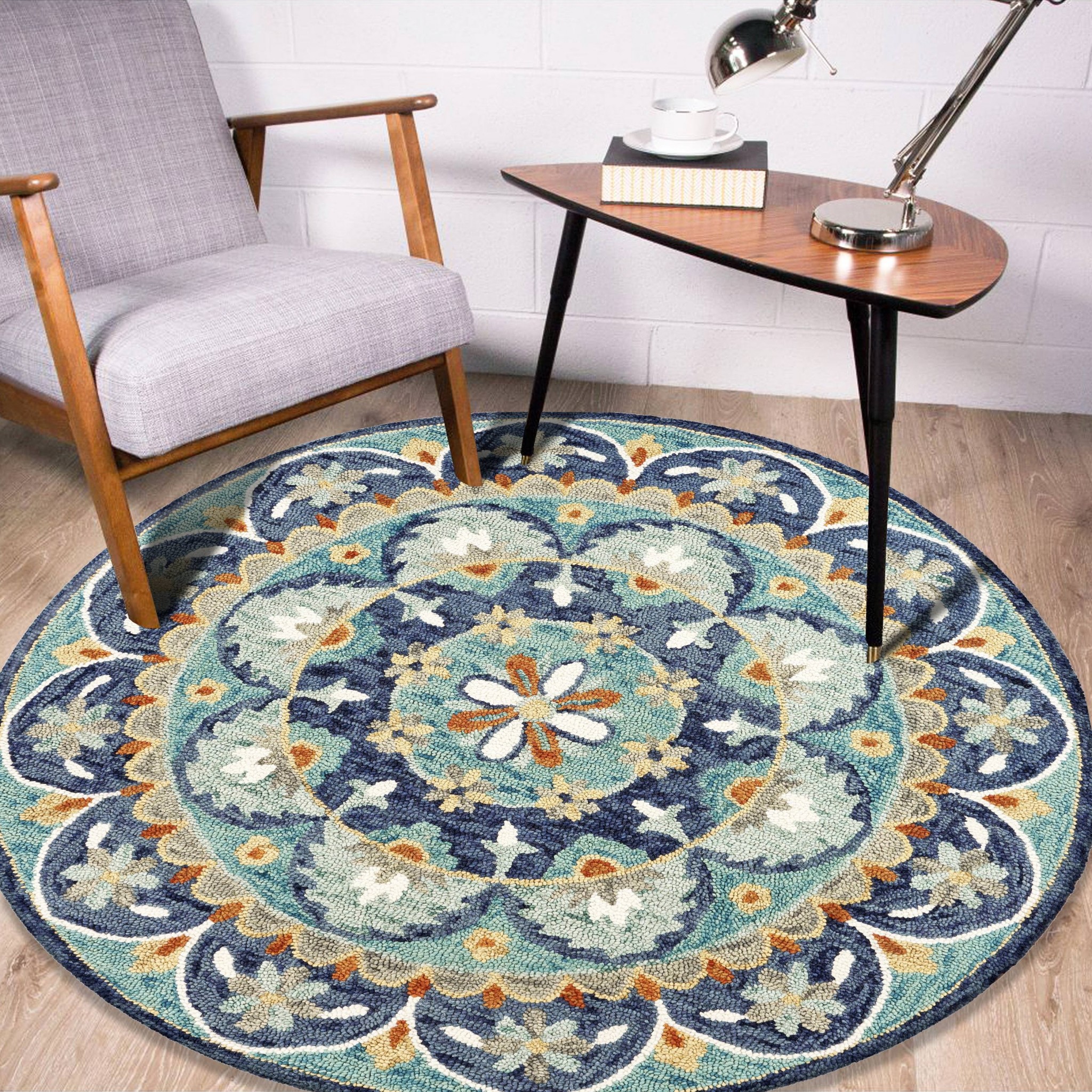 6" Blue And Green Round Wool Floral Hand Tufted Area Rug