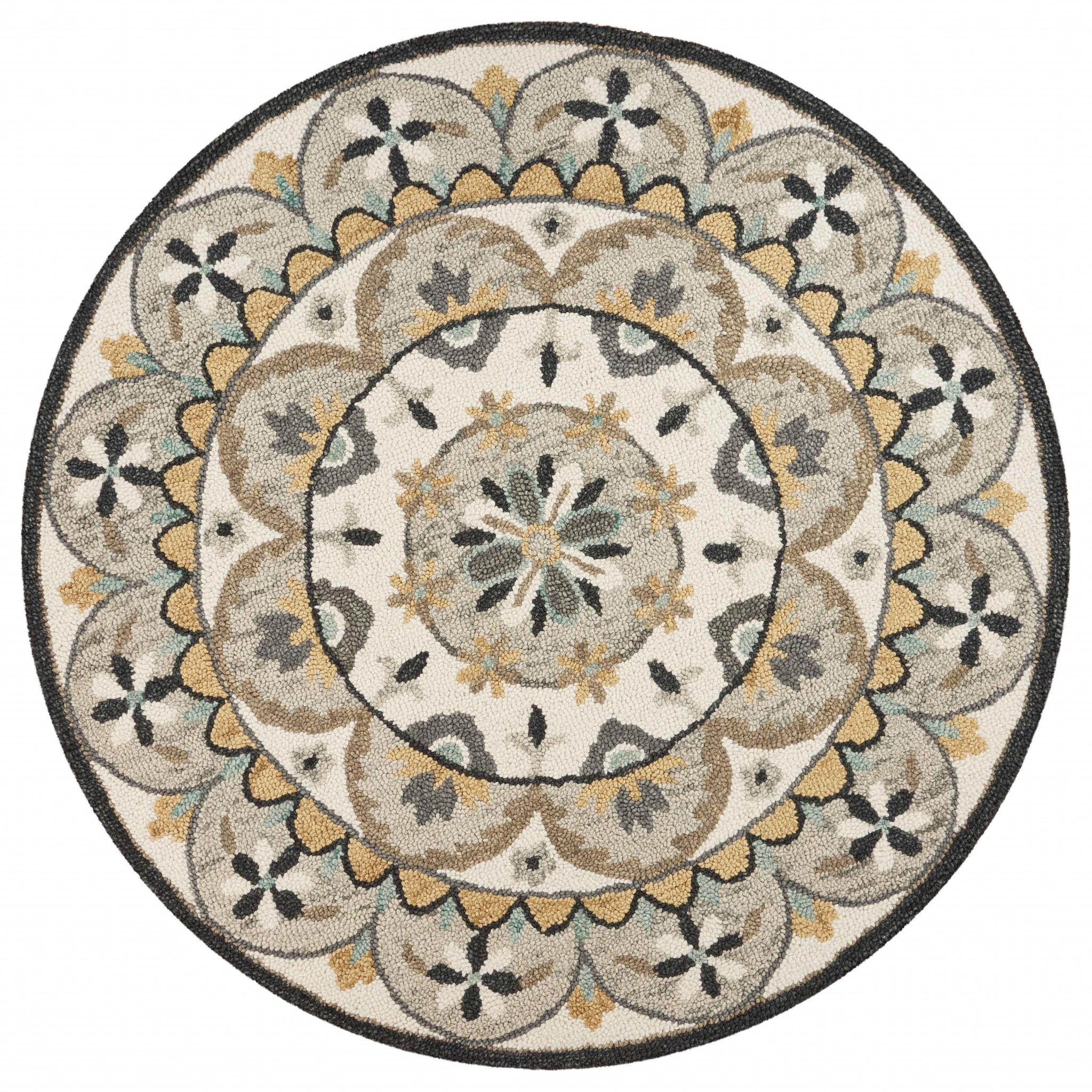 6' Gray And Black Round Wool Floral Dhurrie Handmade Area Rug-393686-1