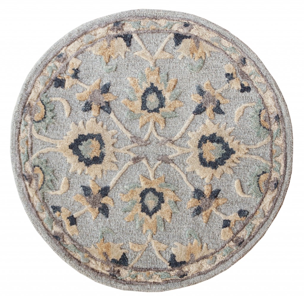 3" Round Beige and Blue Round Wool Floral Hand Woven Area Rug