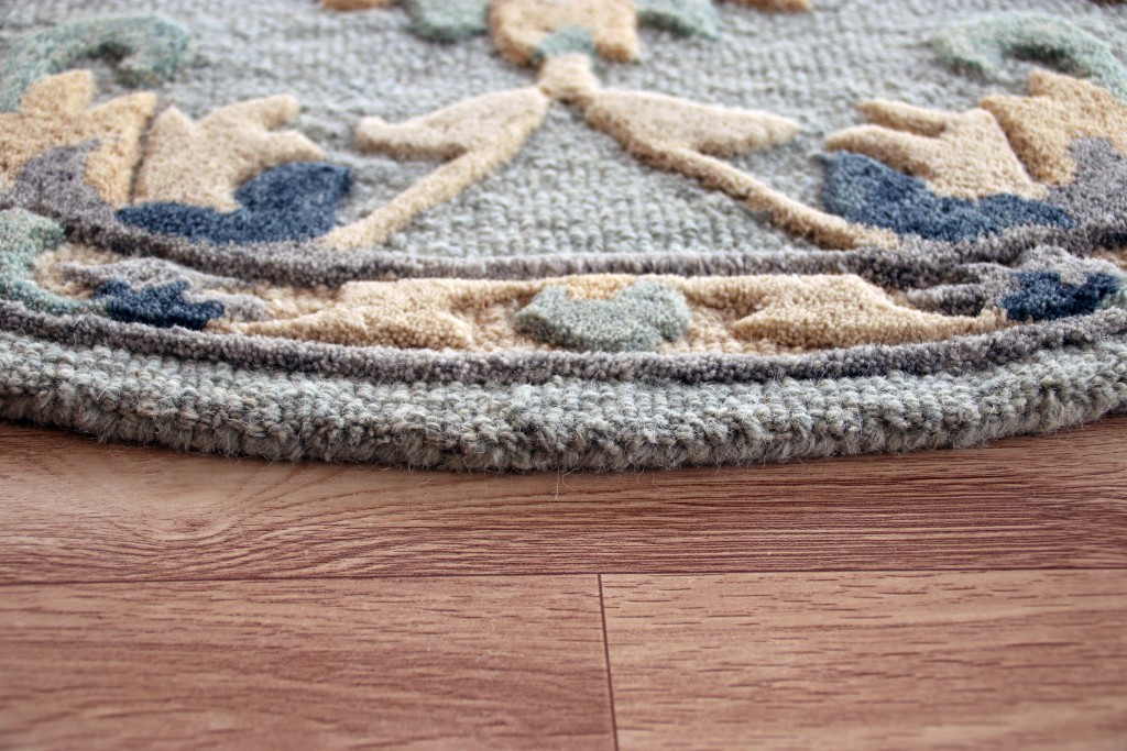 3" Round Beige and Blue Round Wool Floral Hand Woven Area Rug