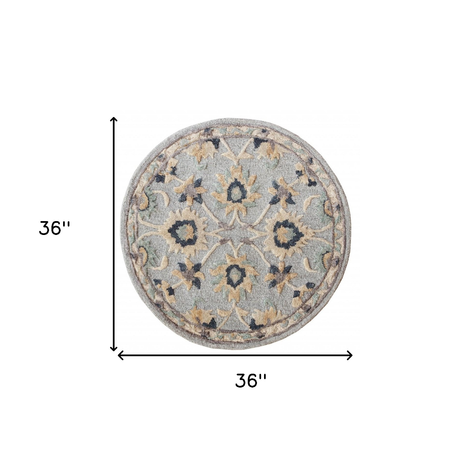 3" Round Beige and Blue Round Wool Floral Hand Woven Area Rug