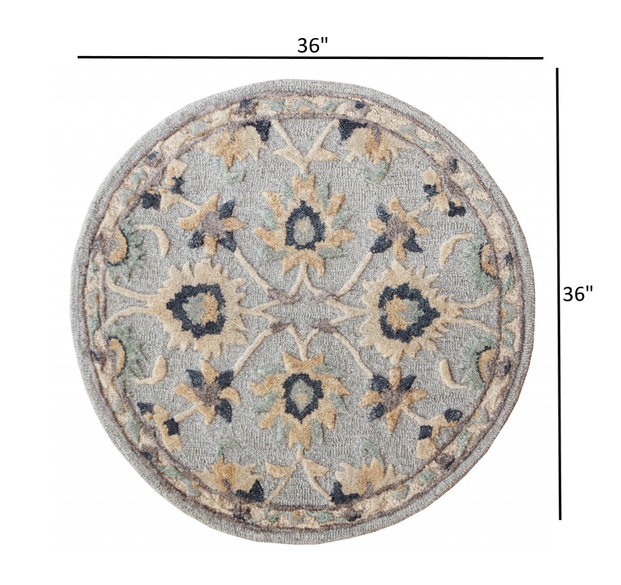 3" Round Beige and Blue Round Wool Floral Hand Woven Area Rug