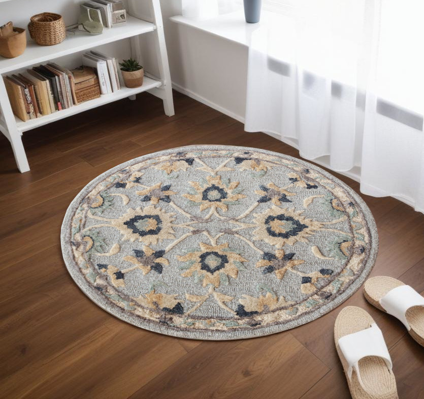 3" Round Beige and Blue Round Wool Floral Hand Woven Area Rug
