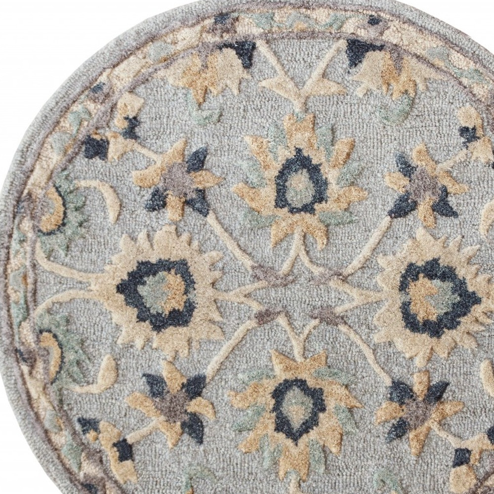3" Round Beige and Blue Round Wool Floral Hand Woven Area Rug