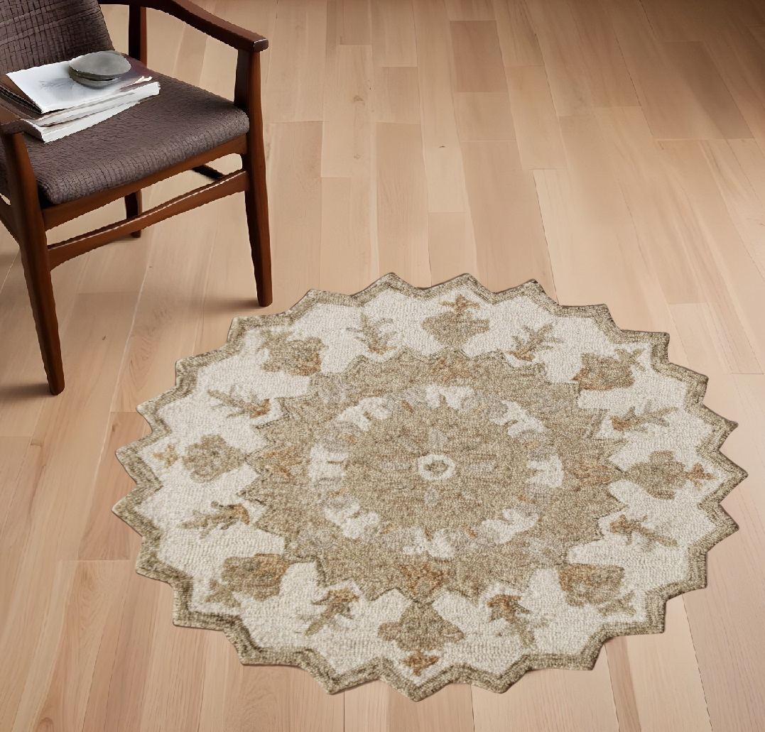 3' Round Tan Retro Modern Medallion Area Rug-393717-1