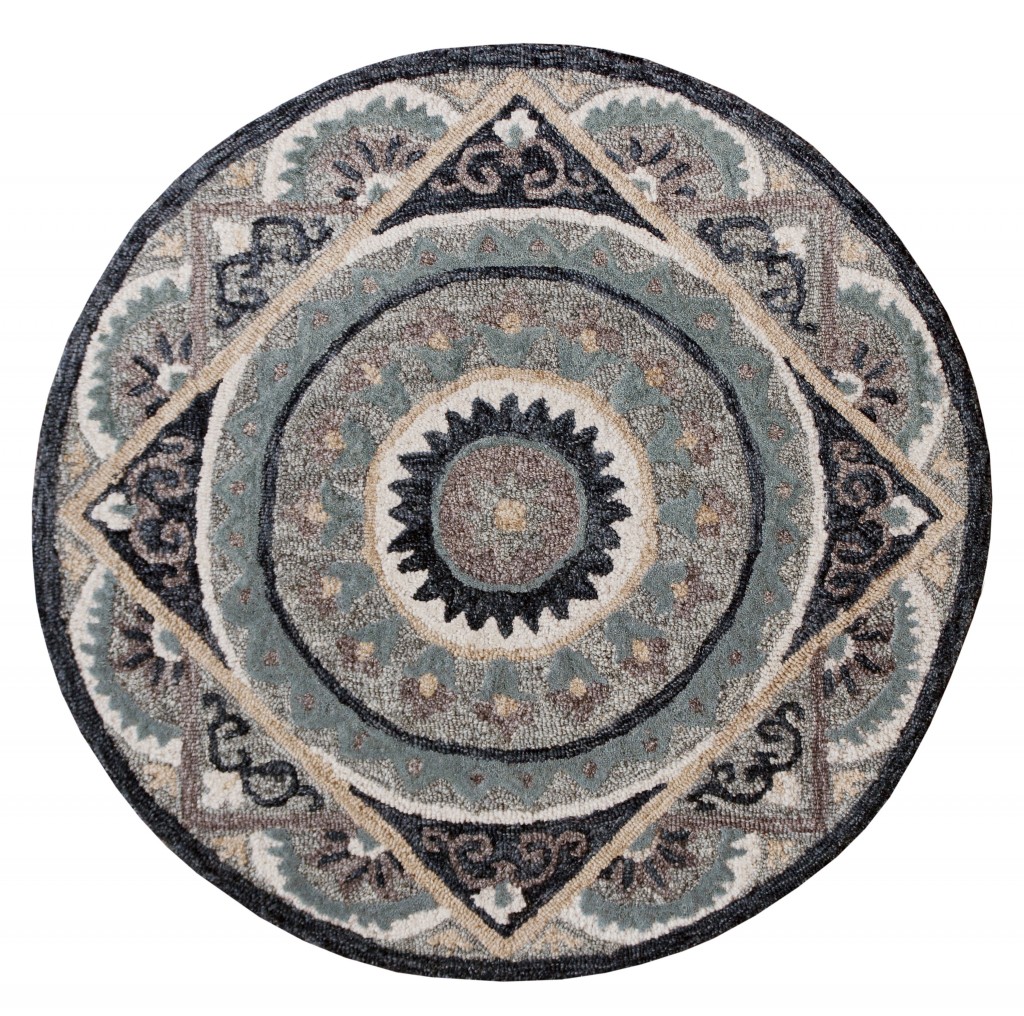 3' Round Gray Geometric Medallion Area Rug-393722-1