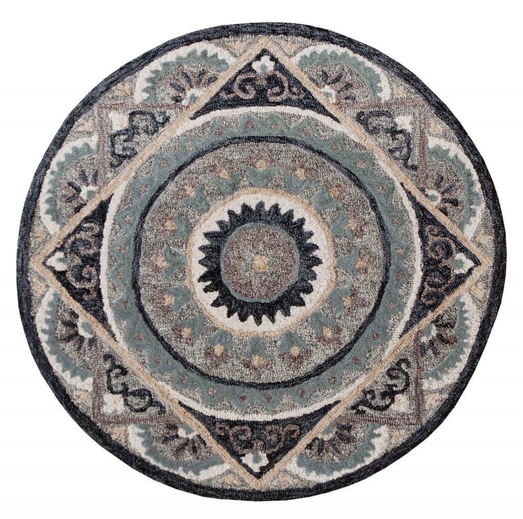 3’ Round Gray Geometric Medallion Area Rug-393722-1