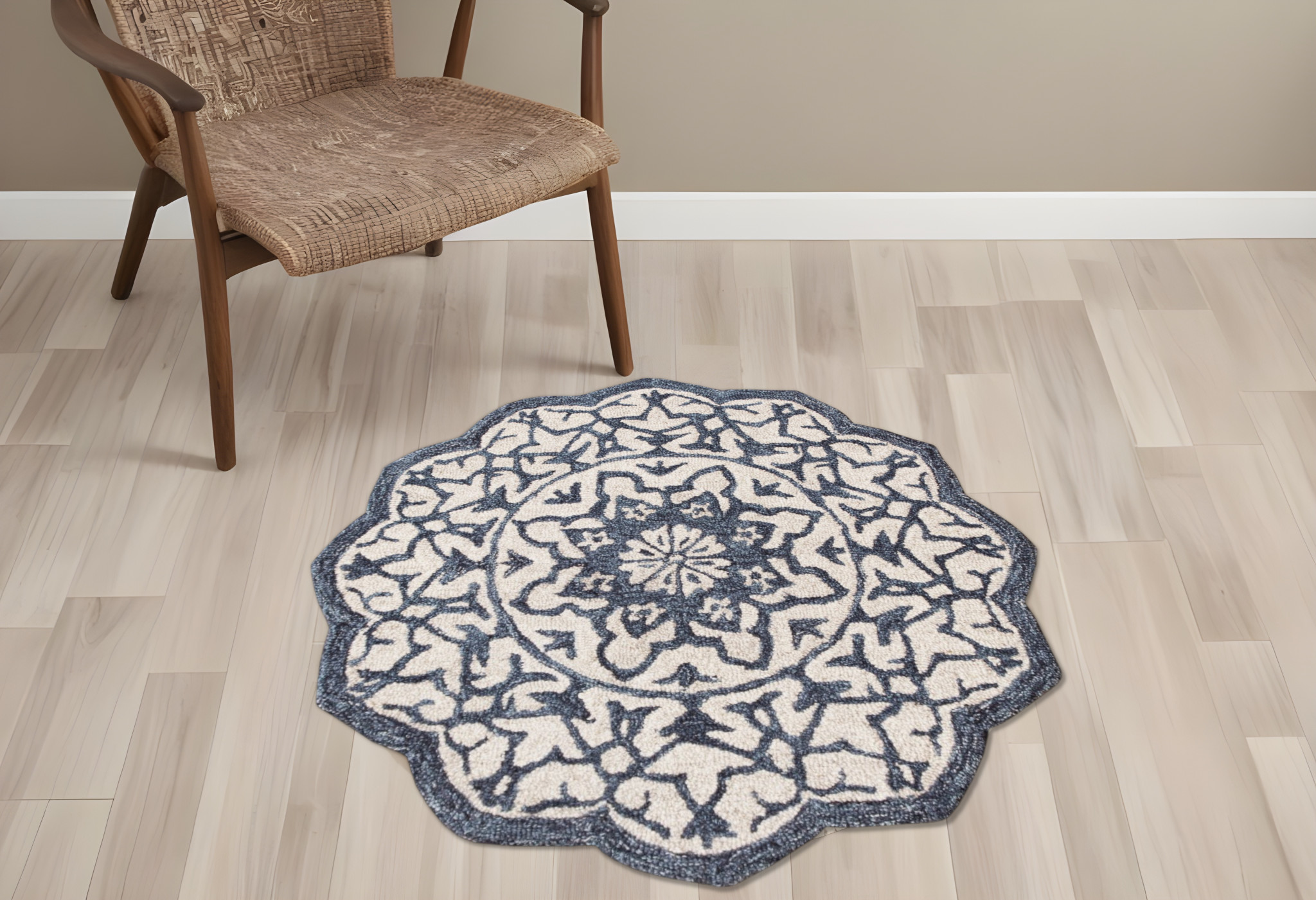 3' Round Navy And White Decorative Area Rug-393725-1