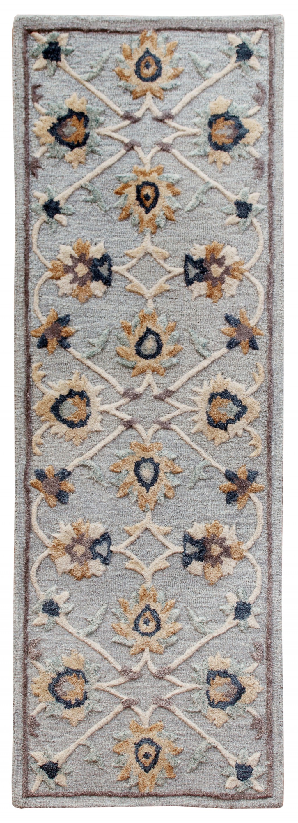 2" X 7" Blue And Beige Floral Runner Rug