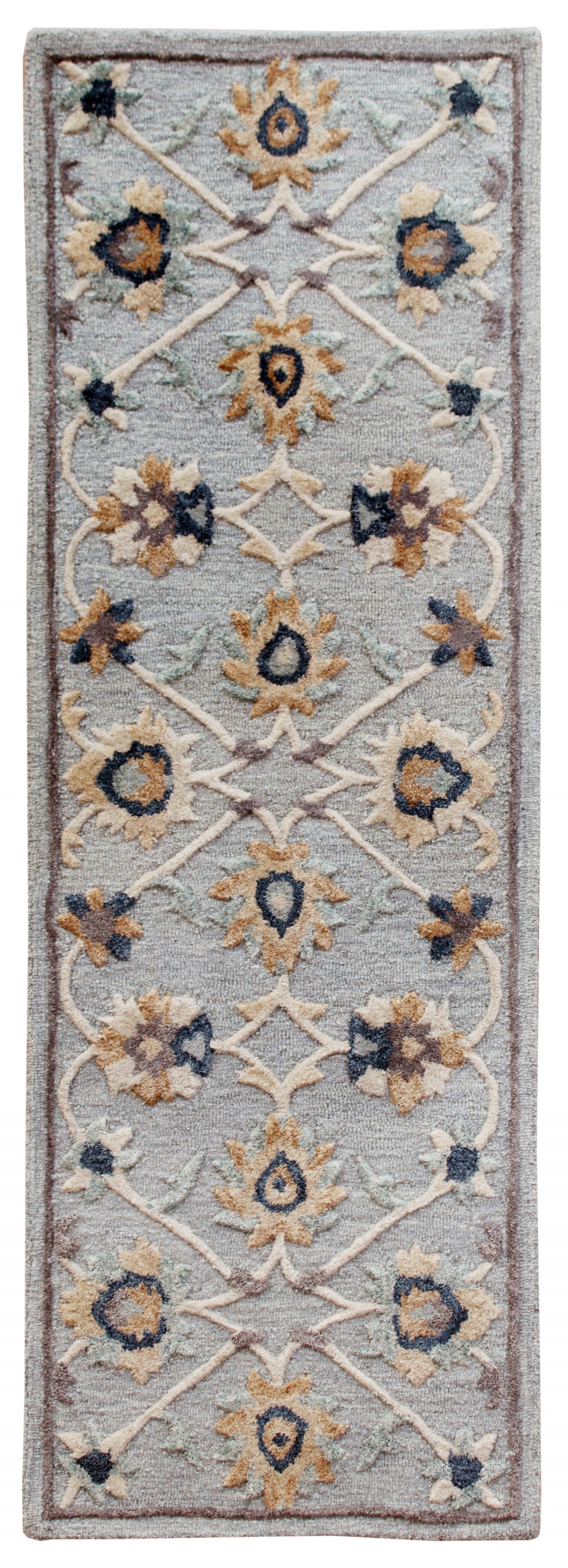 2’ X 7’ Blue And Beige Floral Runner Rug-393727-1