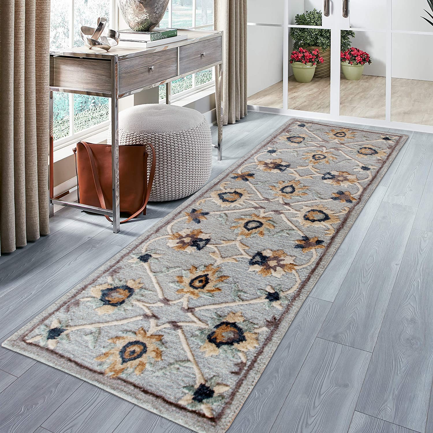 2" X 7" Blue And Beige Floral Runner Rug