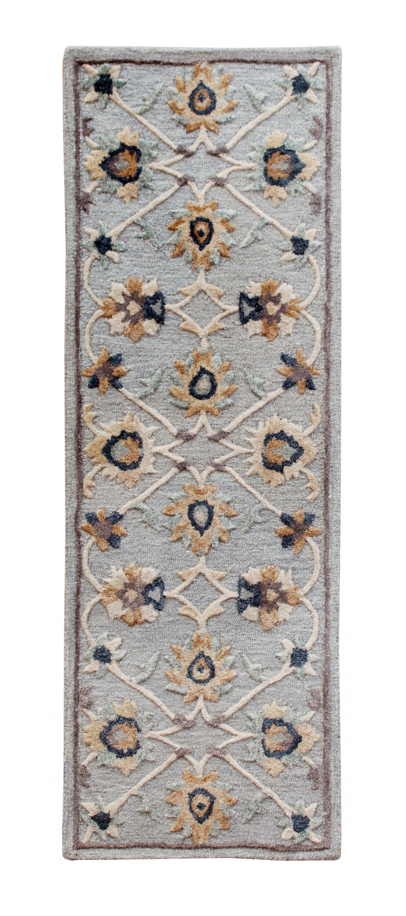 2" X 7" Blue And Beige Floral Runner Rug