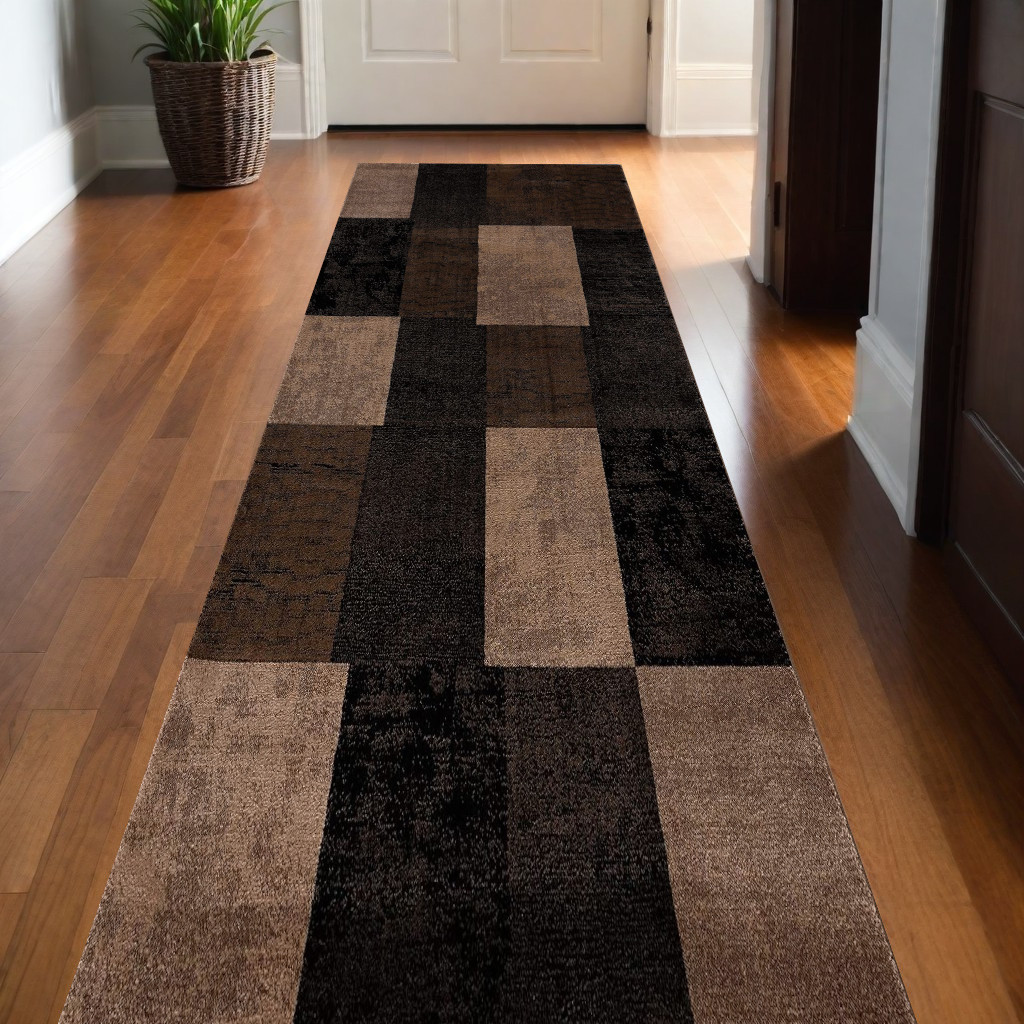 2' X 6' Brown Geometric Blocks Area Rug-393782-1