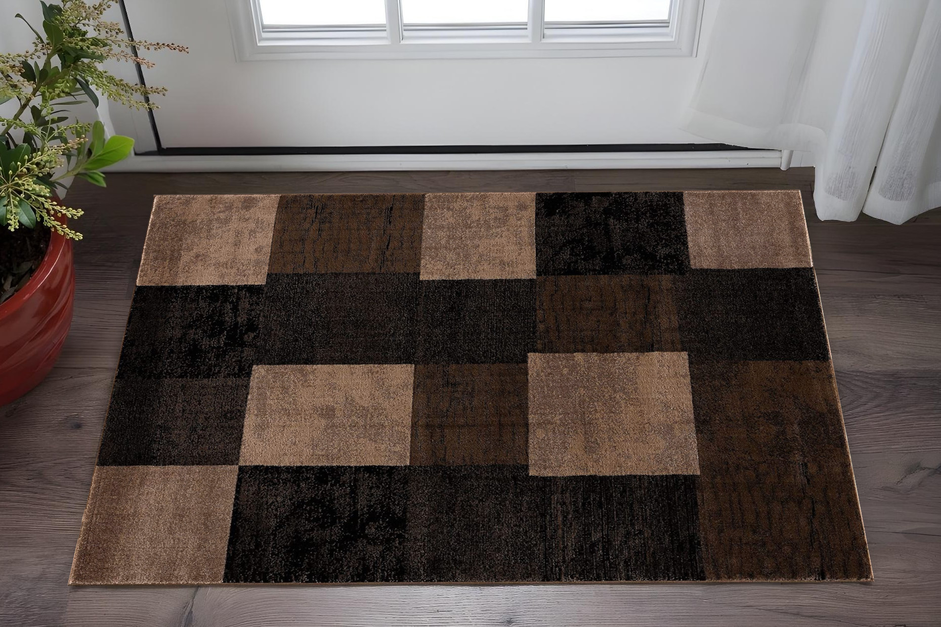 3' X 5' Brown Checkered Power Loom Area Rug-393785-1