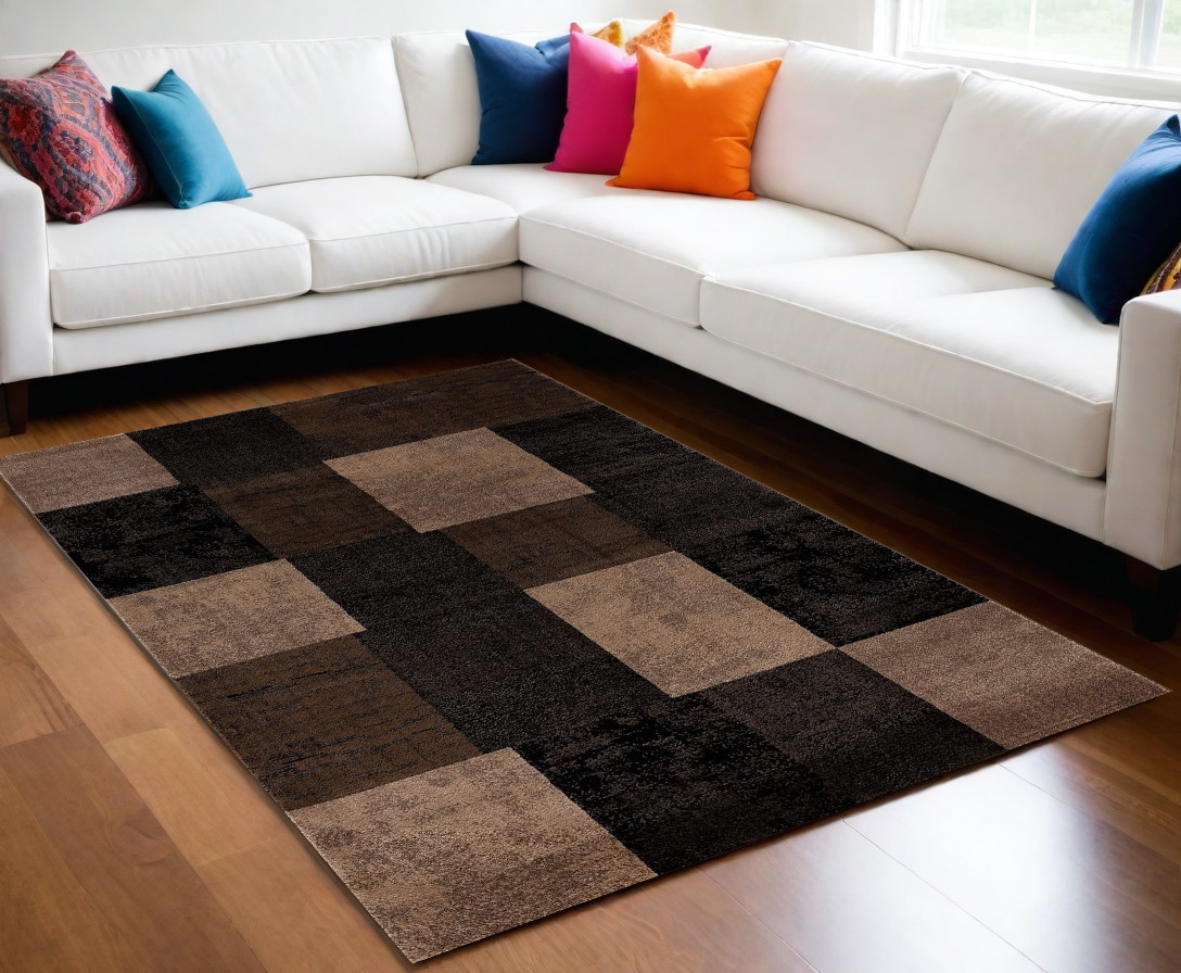 8' X 11' Black And Brown Geometric Distressed Area Rug-393789-1