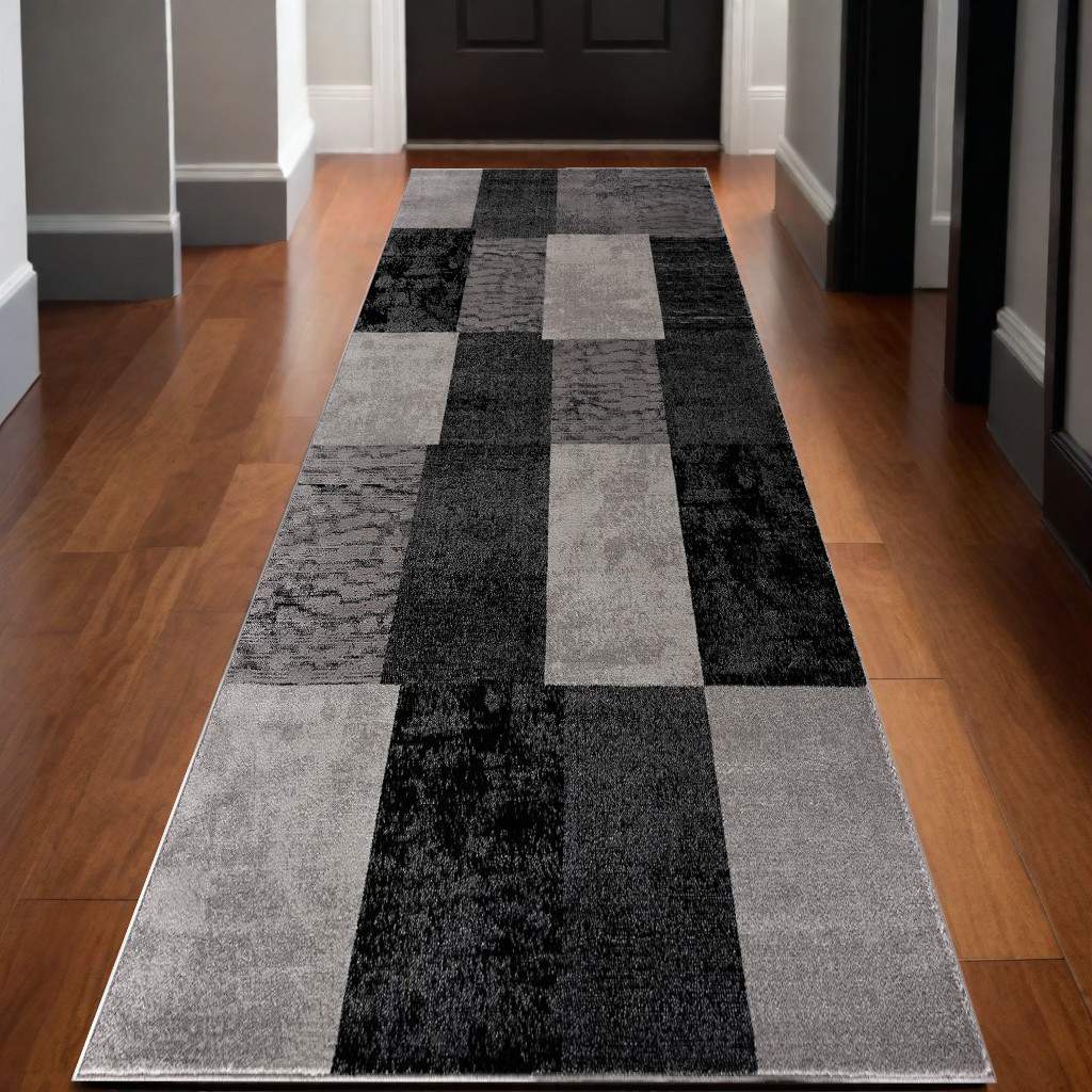 13' Gray And Black Geometric Shag Runner Rug-393793-1