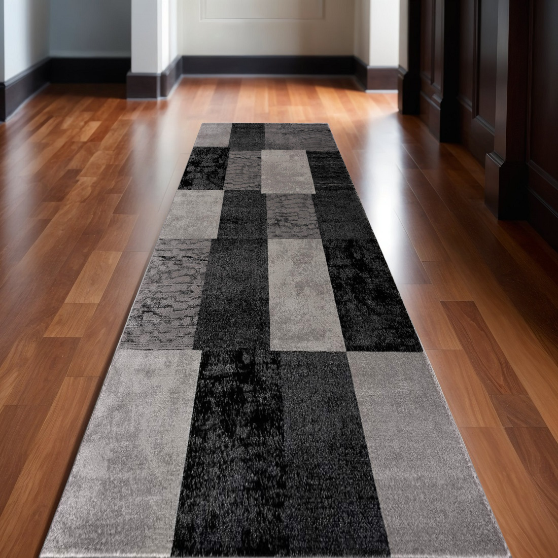15' Gray Checkered Power Loom Runner Rug-393794-1