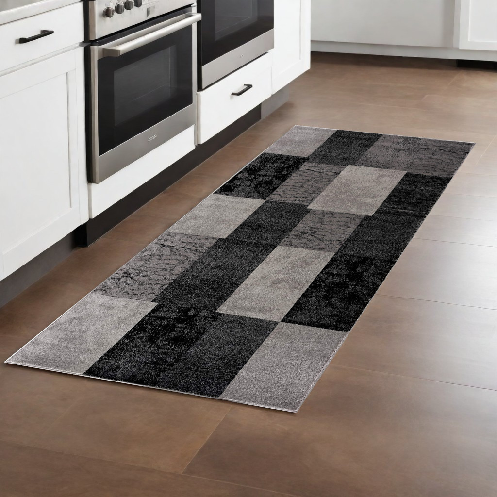 8' Grey Checkered Power Loom Runner Rug-393799-1