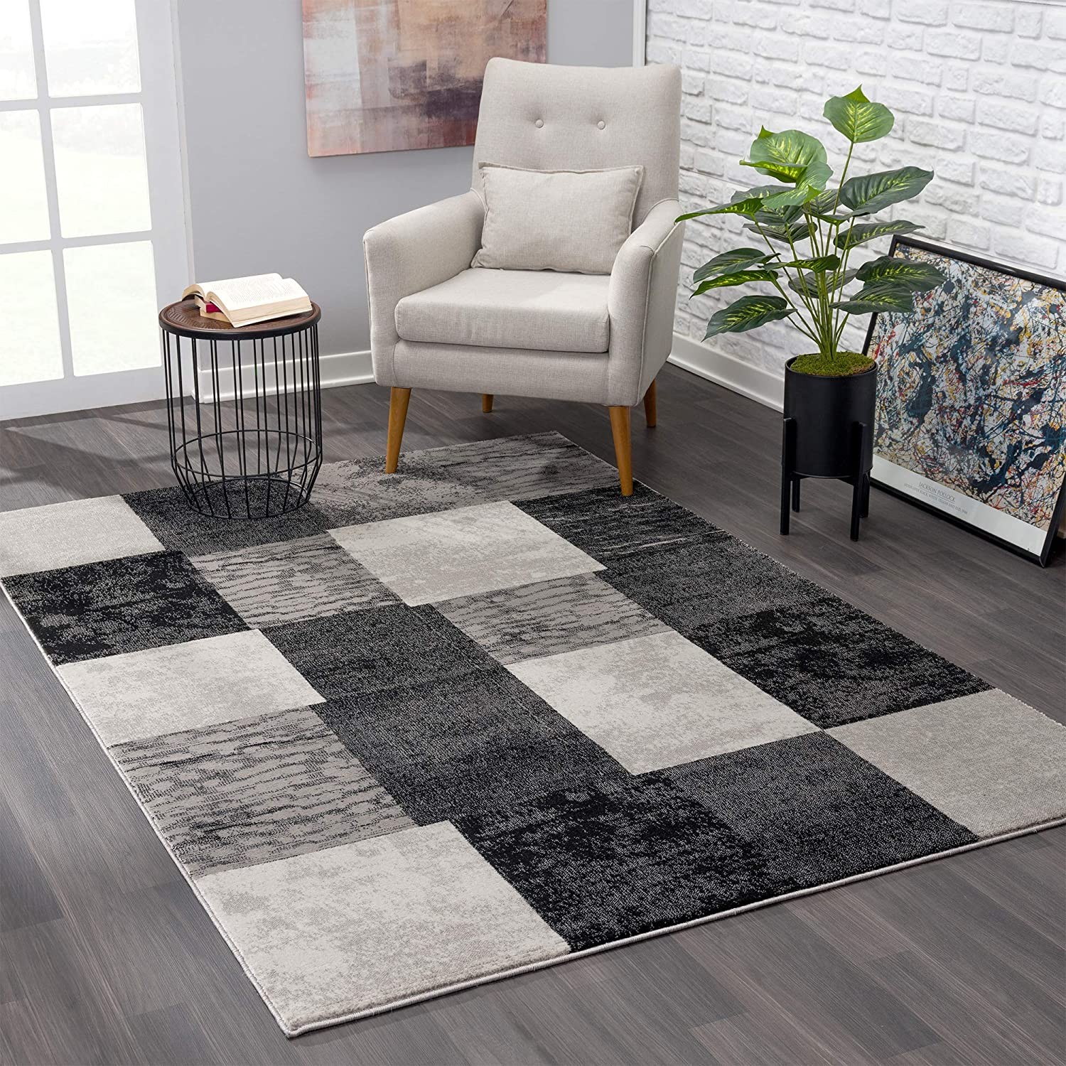 6" X 9" Gray Checkered Dhurrie Area Rug