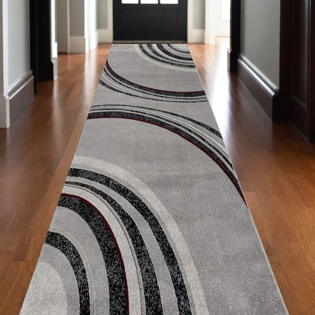 10' Gray Abstract Power Loom Runner Rug-393805-1