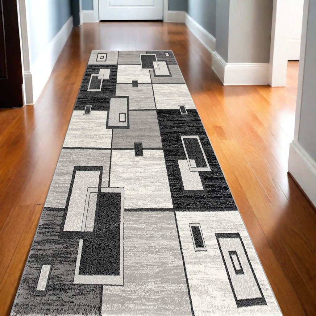 10' Gray Abstract Power Loom Runner Rug-393819-1