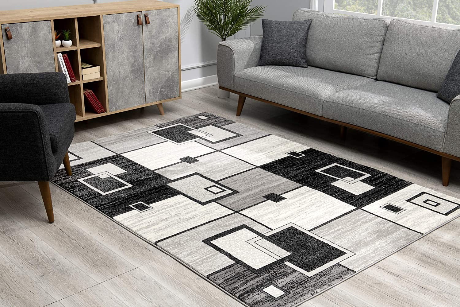 8" Gray and Black Geometric Power Loom Distressed Runner Rug