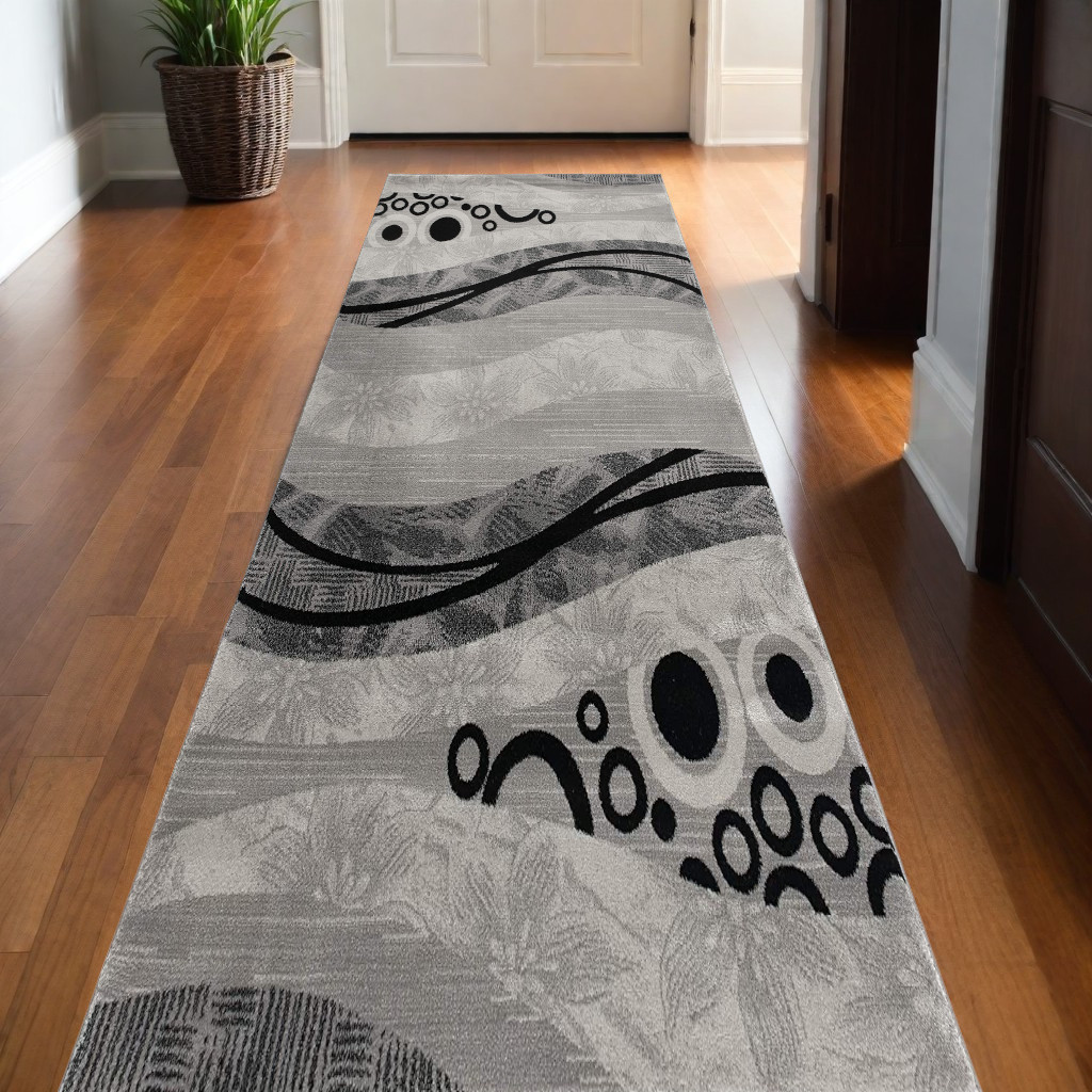 15' Gray Abstract Power Loom Runner Rug-393843-1