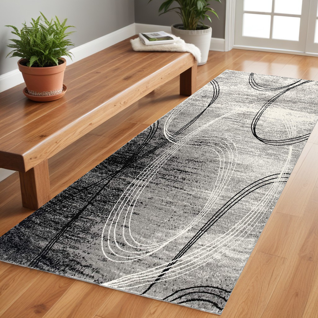 8" Gray and Black Abstract Power Loom Distressed Runner Rug