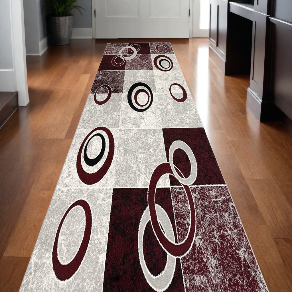 10' Red And White Abstract Runner Rug-393868-1