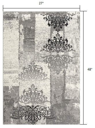 2" X 4" Gray Damask Dhurrie Area Rug