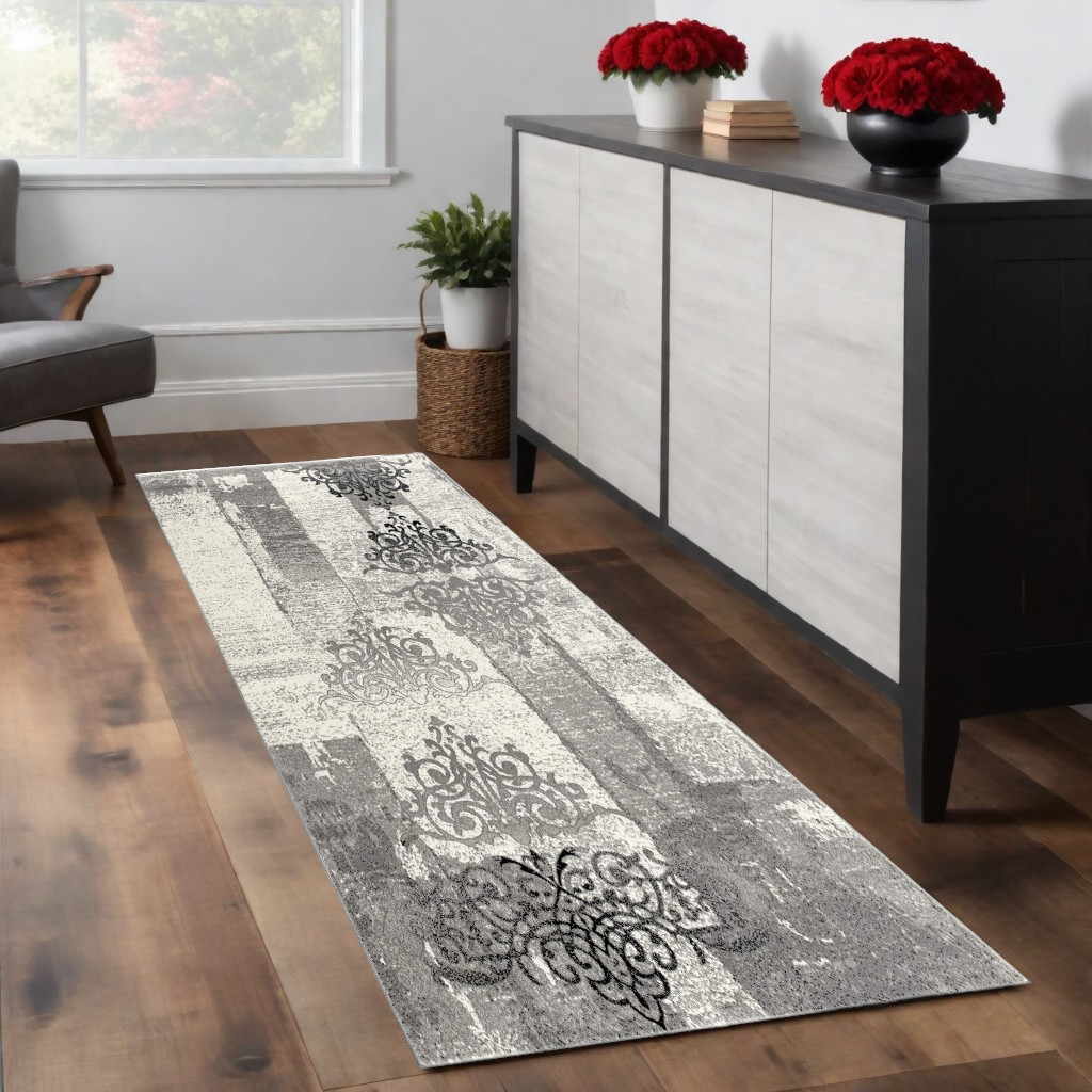 2" X 8" Gray Faded Filigree Pattern Runner Rug
