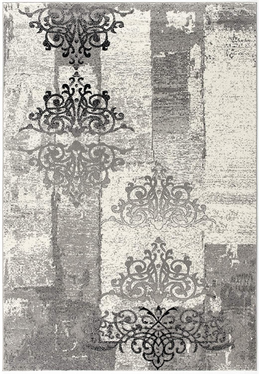 3" X 5" Gray Damask Dhurrie Area Rug