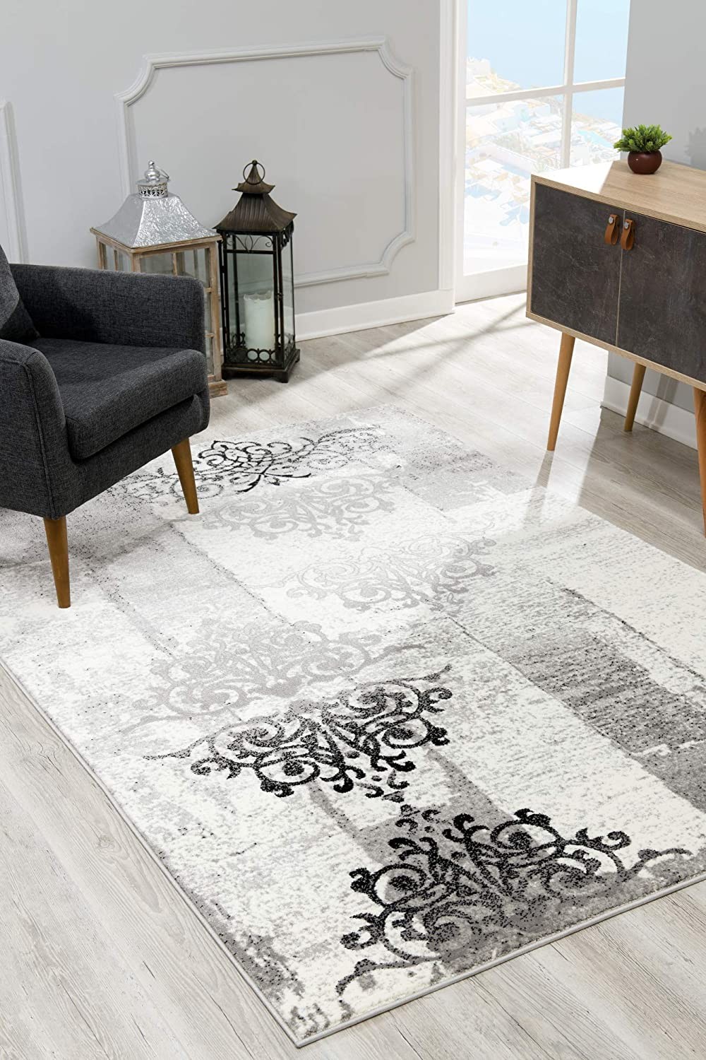 4" X 6" Gray Damask Dhurrie Area Rug