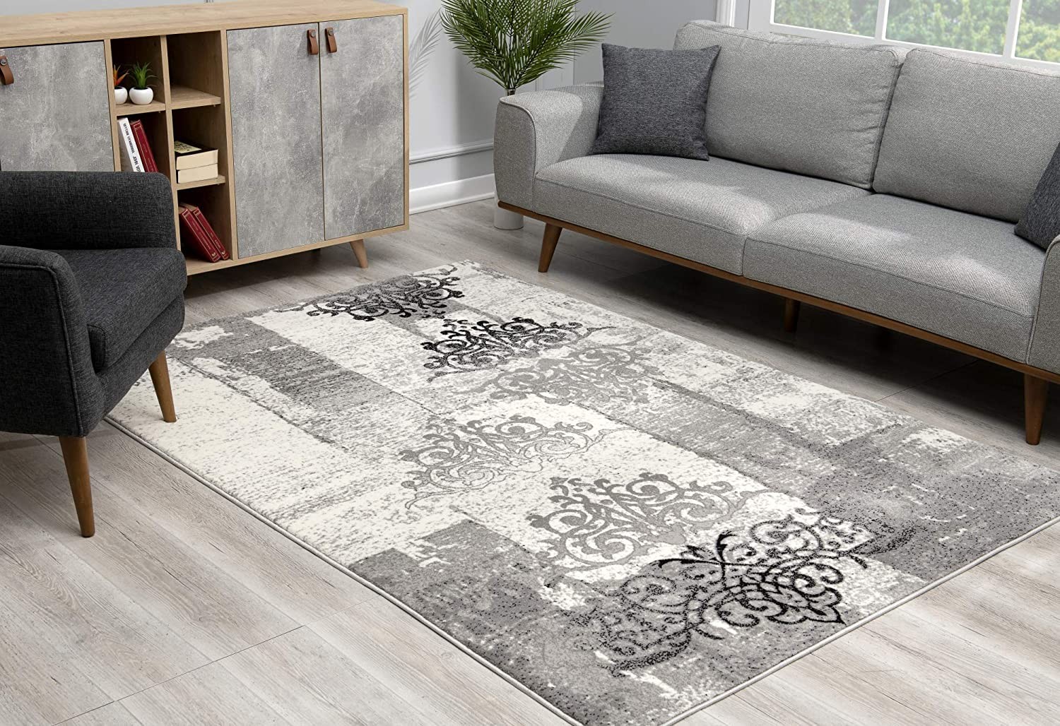 4" X 6" Gray Damask Dhurrie Area Rug