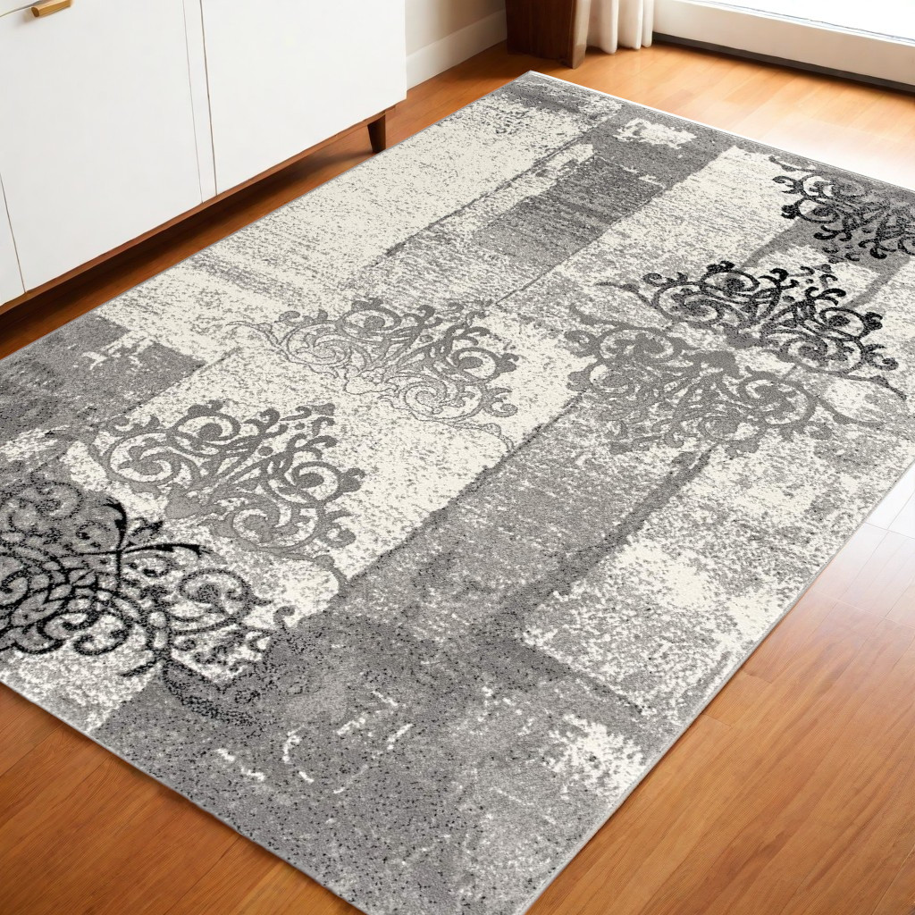 4" X 6" Gray Damask Dhurrie Area Rug
