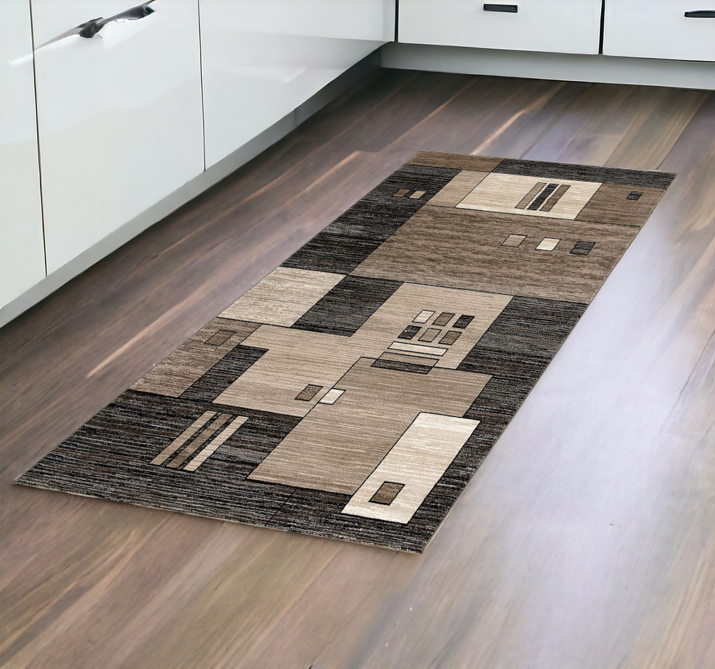 8' Brown and Black Abstract Power Loom Runner Rug-393911-1