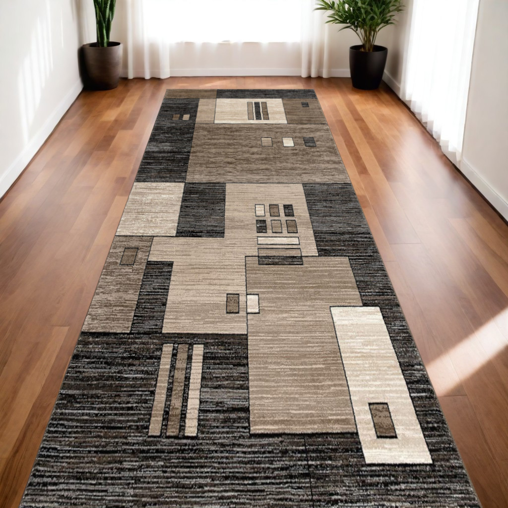 15' Beige Abstract Dhurrie Runner Rug-393915-1