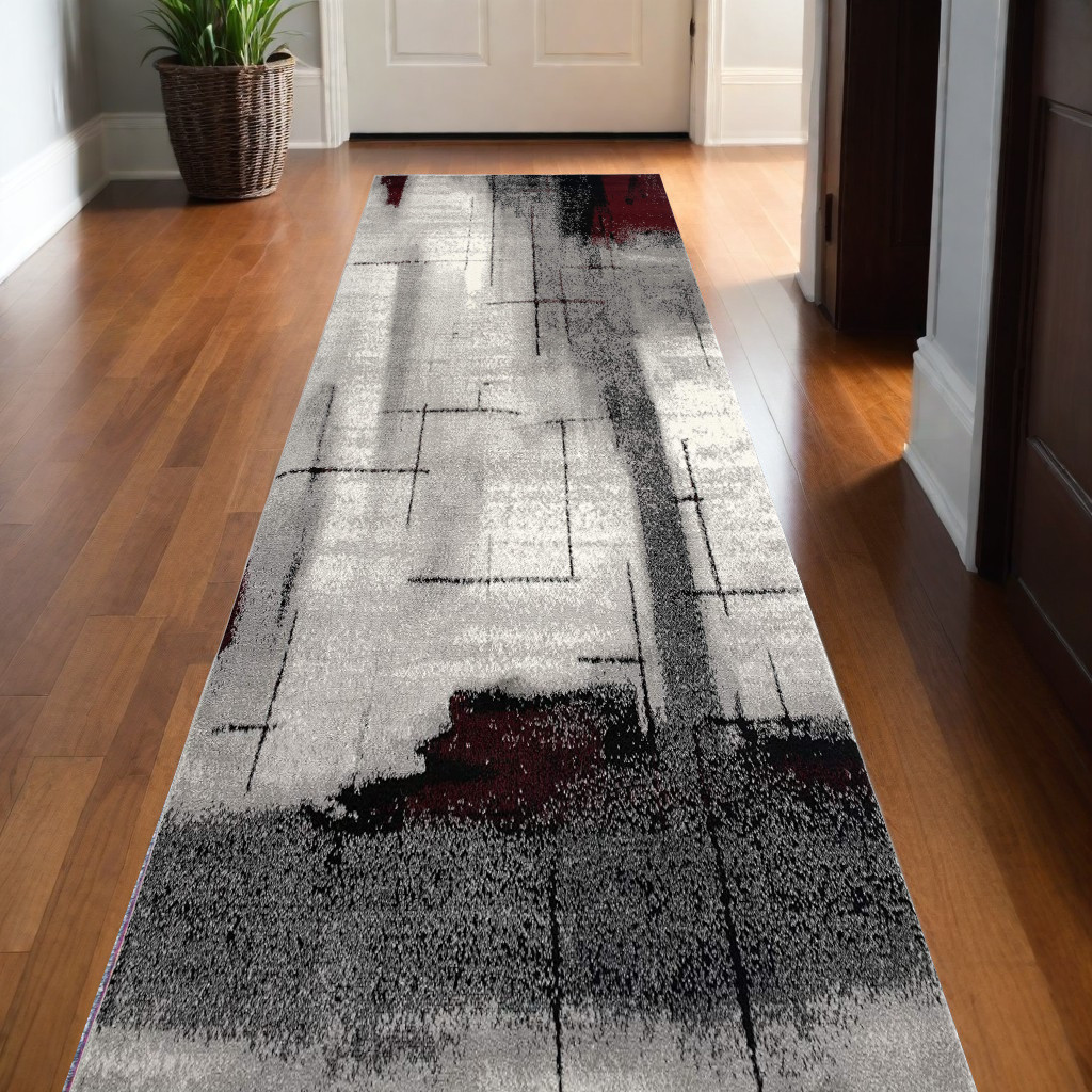 10' Black Burgundy And Gray Abstract Runner Rug-393938-1