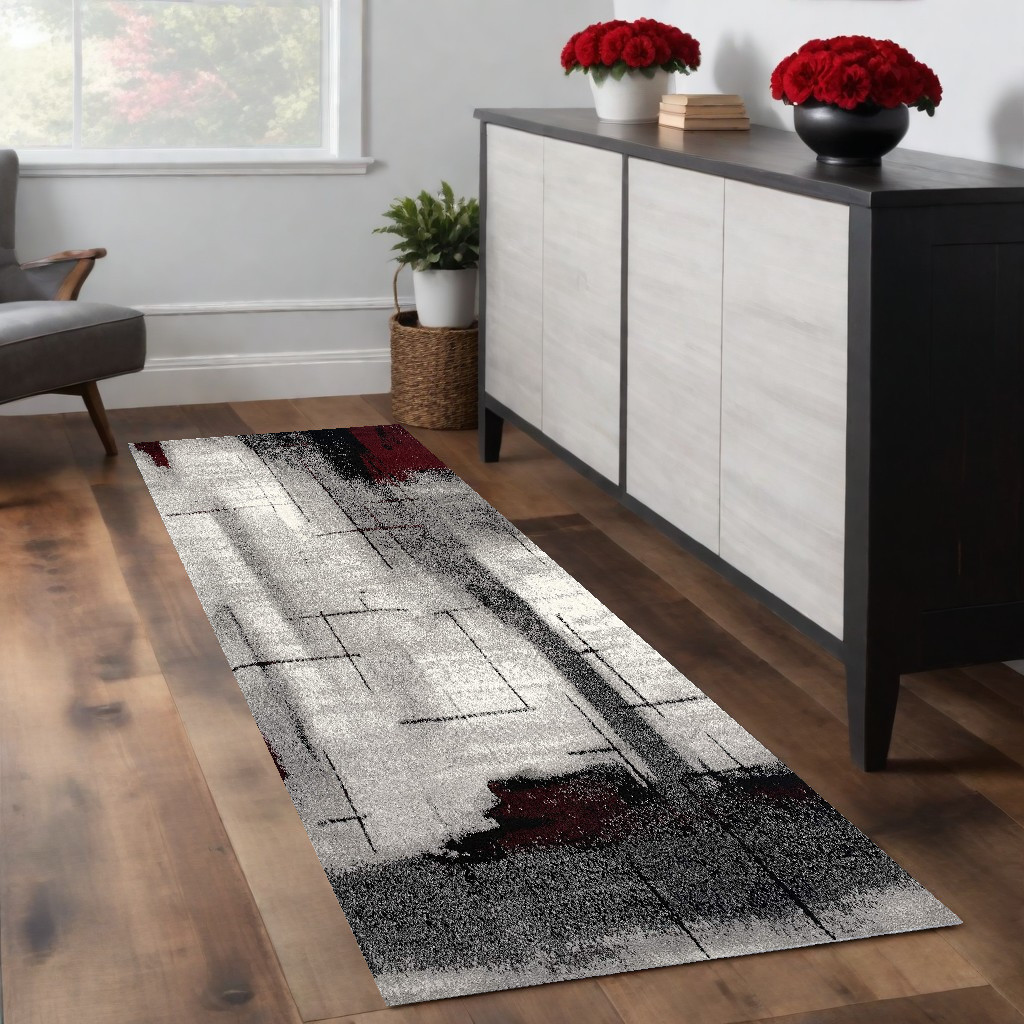 8' Gray And Burgundy Abstract Distressed Runner Rug-393946-1